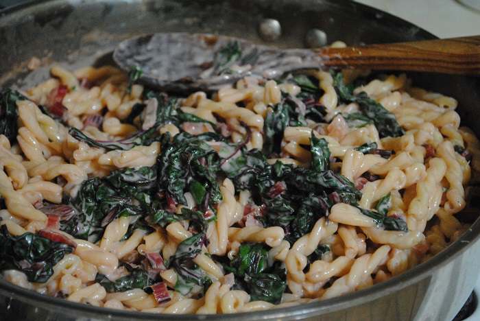 stirring up the pasta with cream and swiss chard